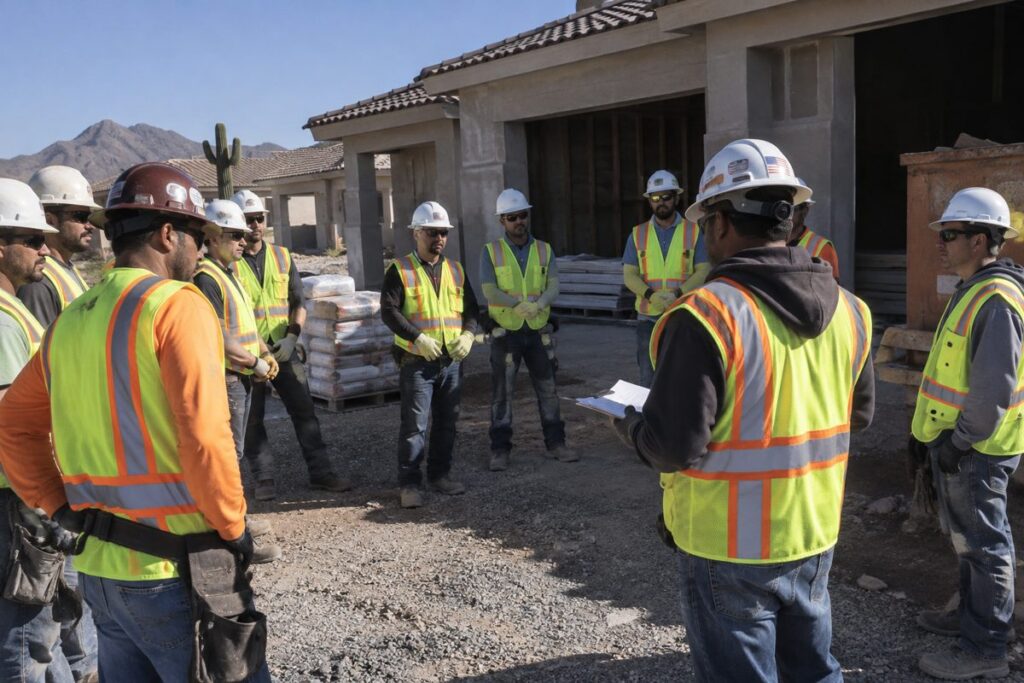 Workers compensation insurance – Arizona construction crew at a job site safety meeting